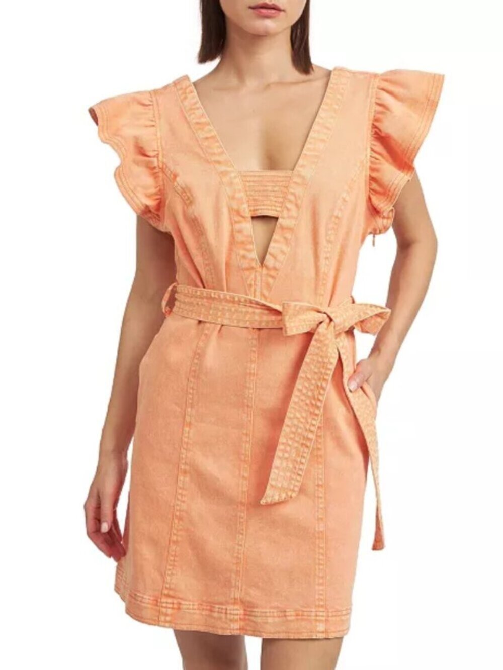 En Saison Coral Belted Denim Mini Dress Ruffle Sleeve Size Large